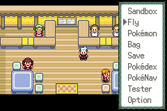 The pause menu inside a building, listing the custom entries Sandbox and Tester alongside Fly, Pokémon, Bag, Save, Pokédex, PokéNav and Option, with three NPCs nearby