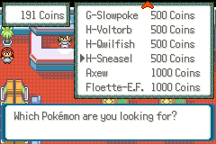 A shop menu offering Pokémon for coins, listing G-Slowpoke, H-Voltorb, H-Qwilfish, H-Sneasel, Axew and Floette-E.F. at 500 or 1000 Coins each, with 191 Coins on hand and the prompt Which Pokémon are you looking for?