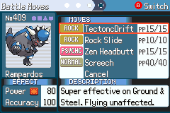 The move-selection screen for Rampardos, showing the custom move TectonicDrift alongside Rock Slide, Zen Headbutt and Screech, described as super effective on Ground and Steel