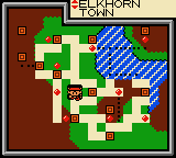 The town map, showing Elkhorn Town on a coastline with routes marked in red