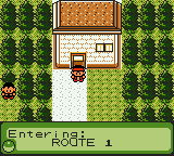 A trainer walking past a house towards a gate, with a banner reading Entering Route 1