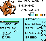 A status screen for Snowmad, a level 30 Ice and Dark Pokémon, with its stats listed