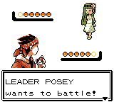 A battle starting against Leader Posey, with six unbroken Poké Balls on each side