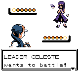 A battle starting against Leader Celeste, with six unbroken Poké Balls on each side