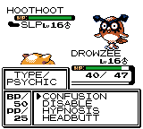 A battle between a Hoothoot and a Drowzee, with the move menu open