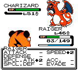 A level 46 Raiger facing a level 51 Charizard, with Raiger's stat changes listed