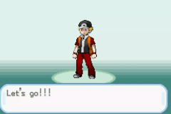 The player character, a trainer in a red jacket and cap, standing on a spotlight with the line "Let's go!!!"