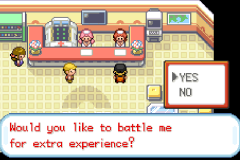 Inside a Pokémon Center, a nurse asks whether you would like to battle her for extra experience, with a yes/no box open