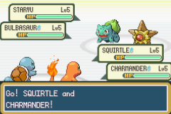 A double battle: Squirtle and Charmander sent out against a Staryu and a Bulbasaur, all at level 5
