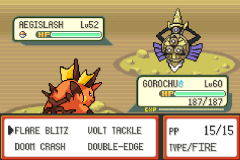 A battle screen with a level 60 Gorochu choosing between Flare Blitz, Volt Tackle, Doom Crash and Double-Edge against a level 52 Aegislash