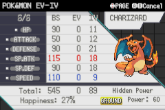 The EV/IV screen for a Charizard, listing base stats, EVs and IVs next to its sprite