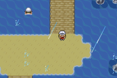The player standing on a sandy shore beside a stone pier, with a Surf-able sea and rain falling