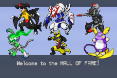 The Hall of Fame screen with six Pokémon including Lucario and a shiny Charizard around the text Welcome to the HALL OF FAME!