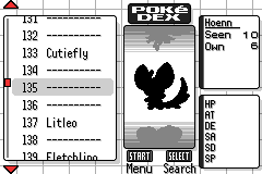 The Pokédex list, with an entry not yet seen showing as a black silhouette