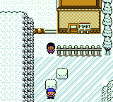 The player standing outside a snowy Poké Mart, with a small ice-cube Pokémon nearby