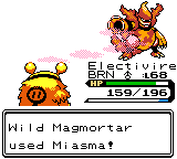 'Wild Magmortar used Miasma!' against the player's Electivire