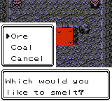 A smelting menu: 'Which would you like to smelt?' with Ore, Coal and Cancel options