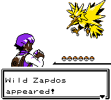 'Wild Zapdos appeared!' facing the player's Pokémon on a grassy route
