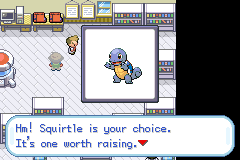 A starter selection screen with Squirtle chosen, the text reading Hm! Squirtle is your choice. It's one worth raising.