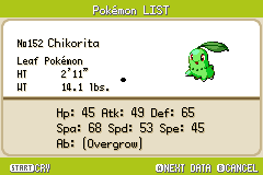 A Pokédex list entry for Chikorita, No. 152, listing its height, weight and base stats