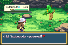 A wild level 34 Sudowoodo encountered in a grassy area, with the text Wild Sudowoodo appeared!