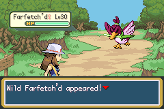A wild level 30 Farfetch'd with pink plumage encountered on a forest path, with the text Wild Farfetch'd appeared!