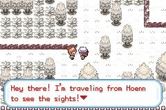 An NPC in a snowy area with white flowering trees, saying Hey there! I'm traveling from Hoenn to see the sights!
