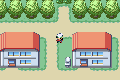 The player standing on a path between two red-roofed houses, with a wall of trees behind them