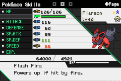 The summary screen for a level 40 Flareon, showing its stats and the ability Flash Fire