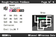 A Pokédex entry for Salandit, listing it as Poison and Fire with the ability Corrosion and an evolution at level 36, beside a map of where it lives