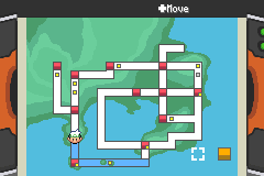 The town map, with the region's routes drawn as white paths and visited places marked in red