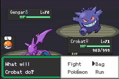 A battle between a level 71 Crobat and a level 70 Gengar, with the Fight, Bag, Pokémon and Run menu open