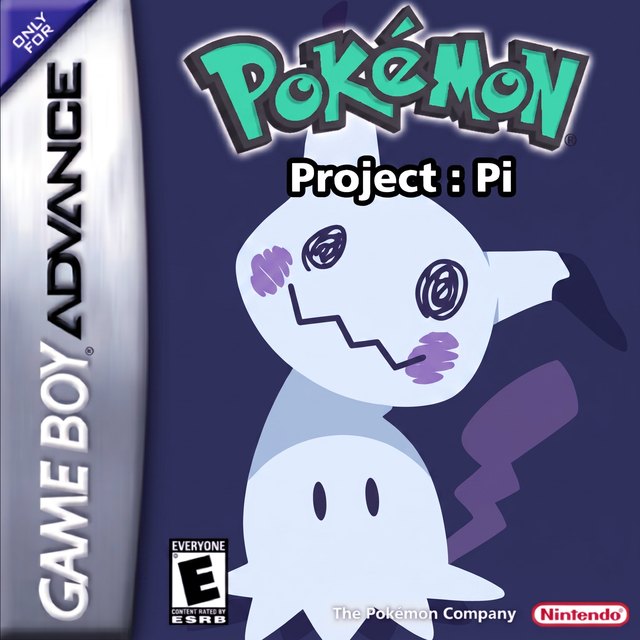 Box art for Pokémon Project: Pi — a pale, ghostly Mimikyu on a deep blue-purple field, in a Game Boy Advance box frame