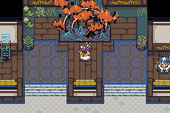 The Archive entrance hall, with the player standing between two tall doorways under an orange tree
