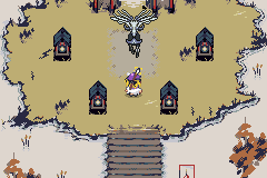A boss area: a stone courtyard ringed by red shrines, a legendary bird waiting at the top of the steps