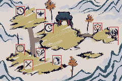 The Myth Hub map: a temple on an island with nine marked shrine icons around it