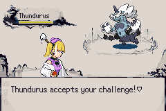 Thundurus accepting the player's challenge, its portrait beside the player's