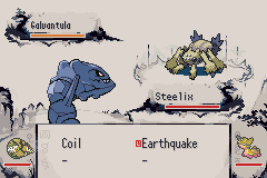 A battle: the player's Steelix facing a Galvantula, choosing between Coil and Earthquake