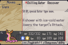 The record menu: a Pokémon's equipped moves and stats, with Chilling Water's description shown