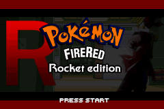 Title screen: a giant red 'R', 'Pokémon FireRed Rocket edition', 'PRESS START'