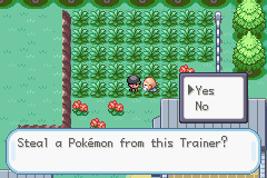 A menu prompt over a berry field: 'Steal a Pokémon from this Trainer?' with Yes/No options