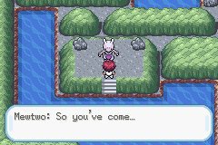 The player facing Mewtwo on a rocky platform: 'Mewtwo: So you've come...'