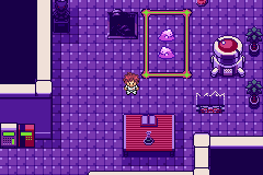 A purple-tiled hideout room with a framed picture of ghostly Pokémon and a red altar