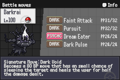 Darkrai's battle moves screen with its signature move, Dark Void