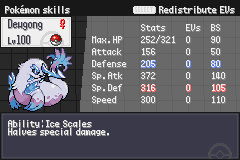 Deugong's skills screen with stats, EVs and base stats