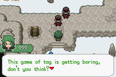 A green-haired character talking to a group of NPCs on a snowy path, with the text box reading This game of tag is getting boring, don't you think?