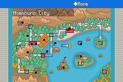The town map of Hiencuro City, showing its lake, islands and surrounding forest with buildings marked