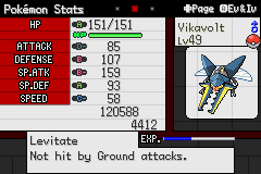 A Pokémon Stats screen for a level 49 Vikavolt, listing its stats and the Levitate ability