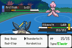 A battle between a Frillish and a level 49 Vikavolt, with the move menu open showing Bug Buzz, Thunderbolt, Mud-Slap and Acrobatics