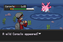 A wild Corsola appearing in battle against a trainer standing in shallow water
